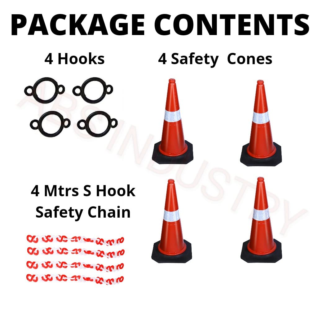 ABS INDUSTRY Traffic Safety Cones Set 4 PVC Cones with 4m S-Hook Safety Chain, 4 Hooks, Black Rubber Base, High Visibility Multipurpose Use